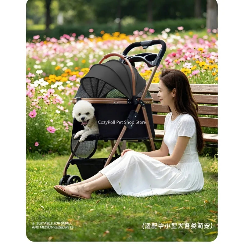 Lightweight Aluminum Alloy Puppy Stroller with Detachable Storage Basket — 50 lb Capacity Small Pet Cart