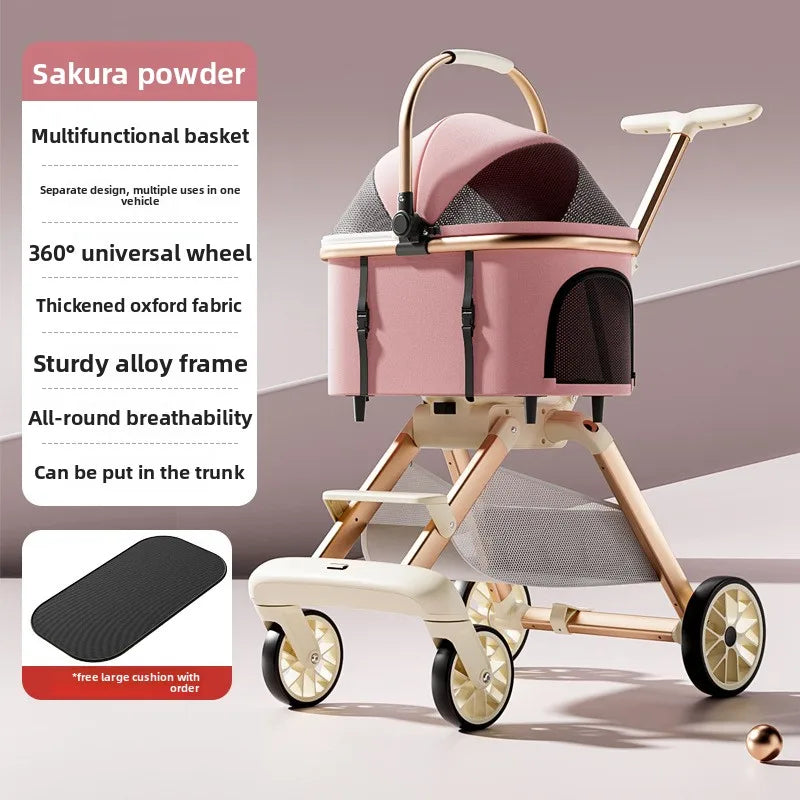 Lightweight Aluminum Alloy One-Click Foldable Pet Stroller — Universal Detachable Carrier for Dogs & Cats
