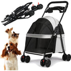 4-Wheel Foldable Pet Stroller Trolley with Cage & Cup Holder for Dogs & Cats — Outdoor Carrier