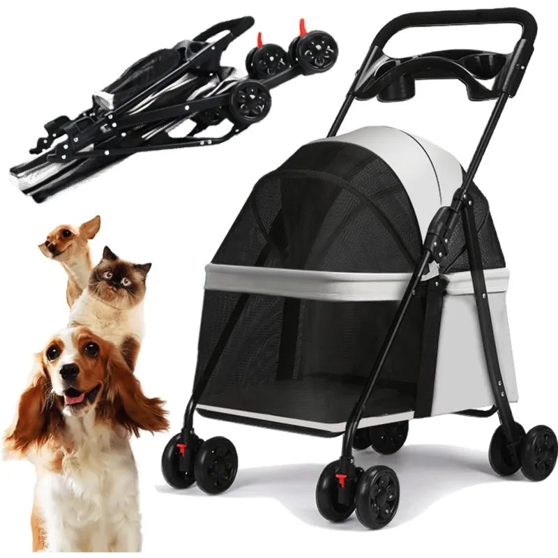 4-Wheel Foldable Pet Stroller Trolley with Cage & Cup Holder for Dogs & Cats — Outdoor Carrier