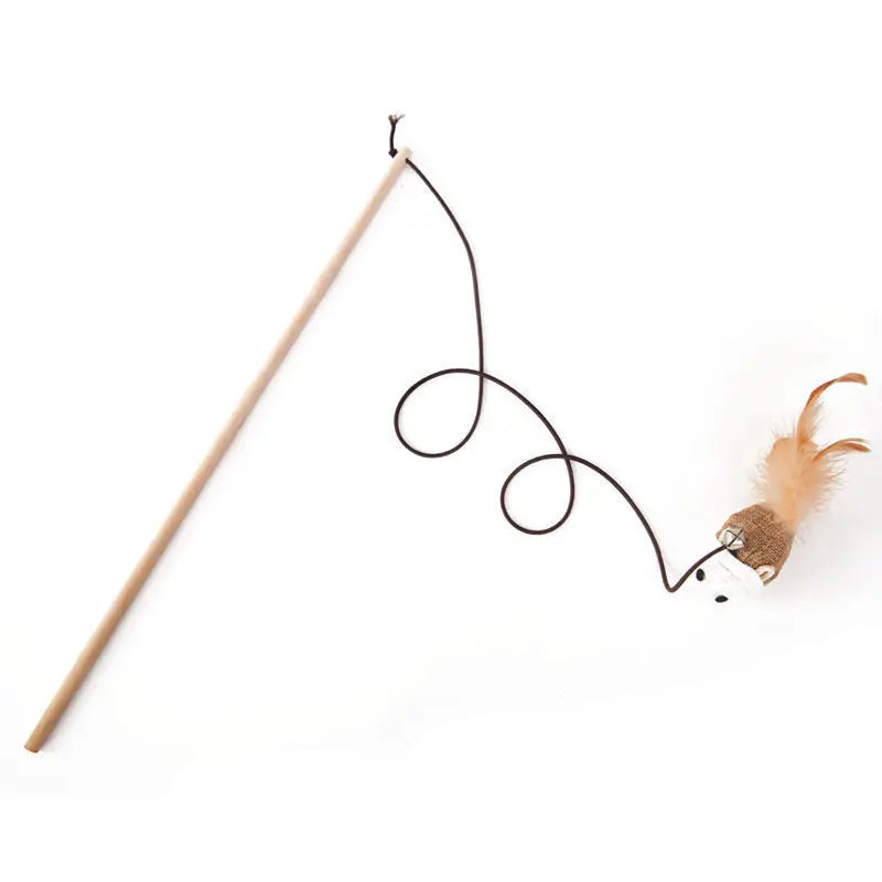 Feather Wand Cat Teaser with Wood Handle — Interactive Wand Toy