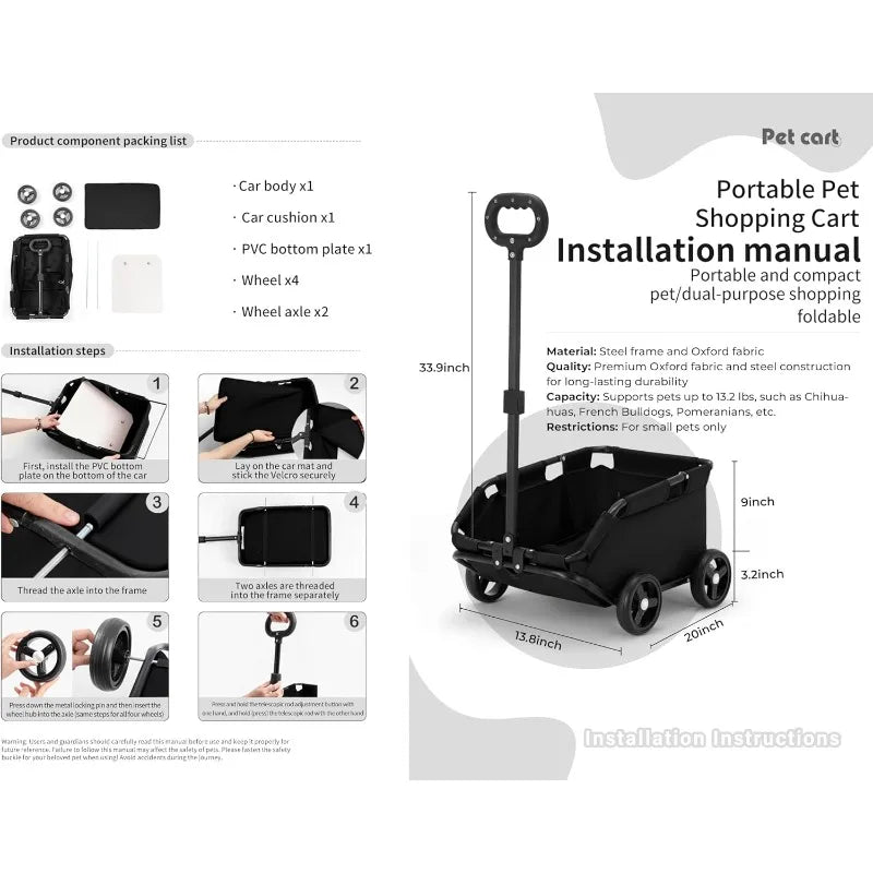 Lightweight Folding 4-Wheel Rolling Cat Carrier Trolley with Shock-Absorbing Wheels