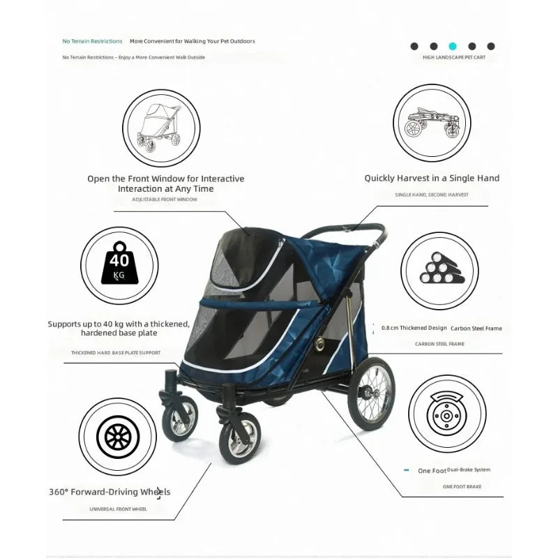 Spacious Durable Pet Stroller for Large Dogs & Multiple Cats — Outdoor Walking & Jogging Travel Cart