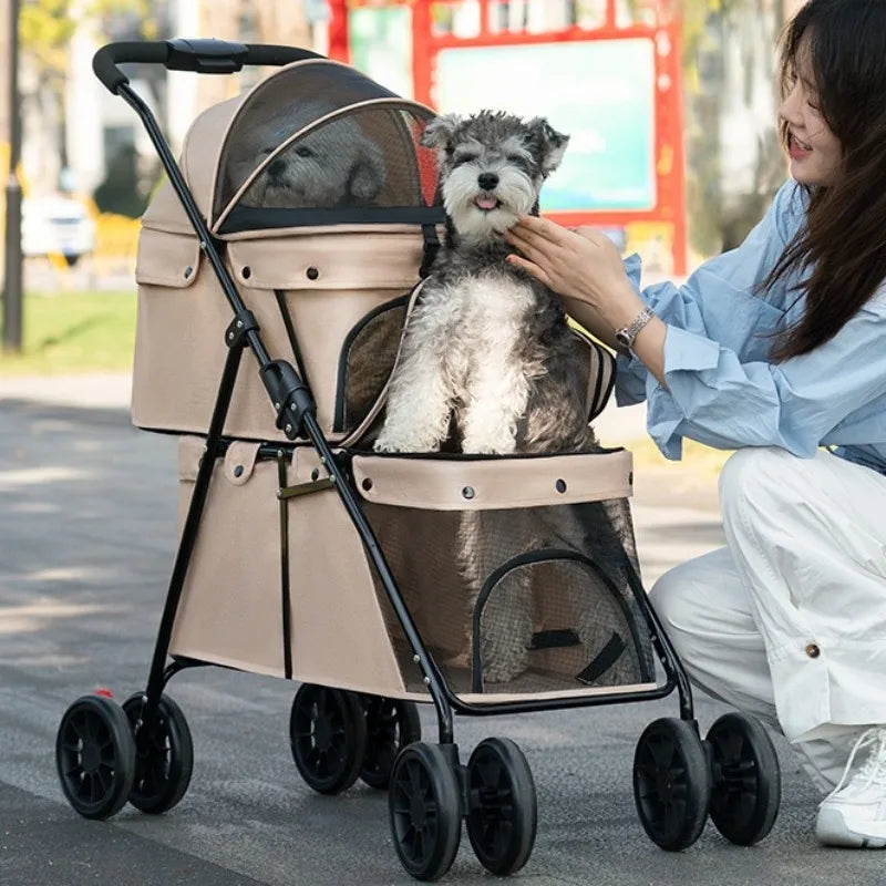 Lightweight Double-Layer Foldable Pet Stroller for Two Pets