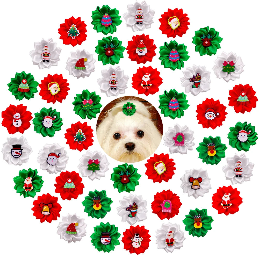 Handmade Flower Puppy Bows 10-Pack (Christmas Party Style)