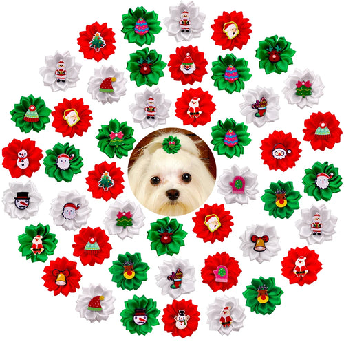Handmade Flower Puppy Bows 10-Pack (Christmas Party Style)