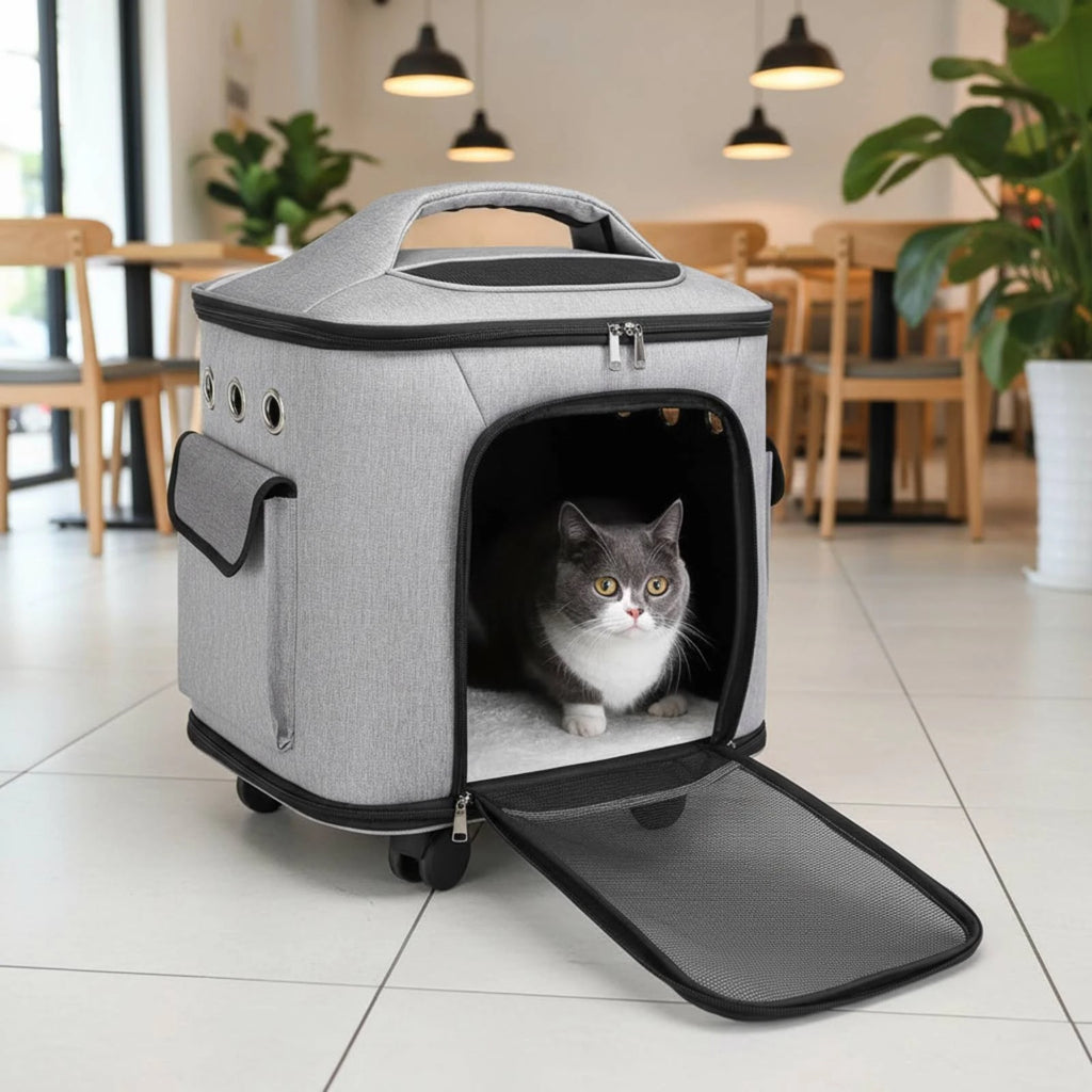 Large Capacity Breathable Mesh Rolling Feline Carrier Suitcase — Multi-Carry Option Travel Bag for Cats