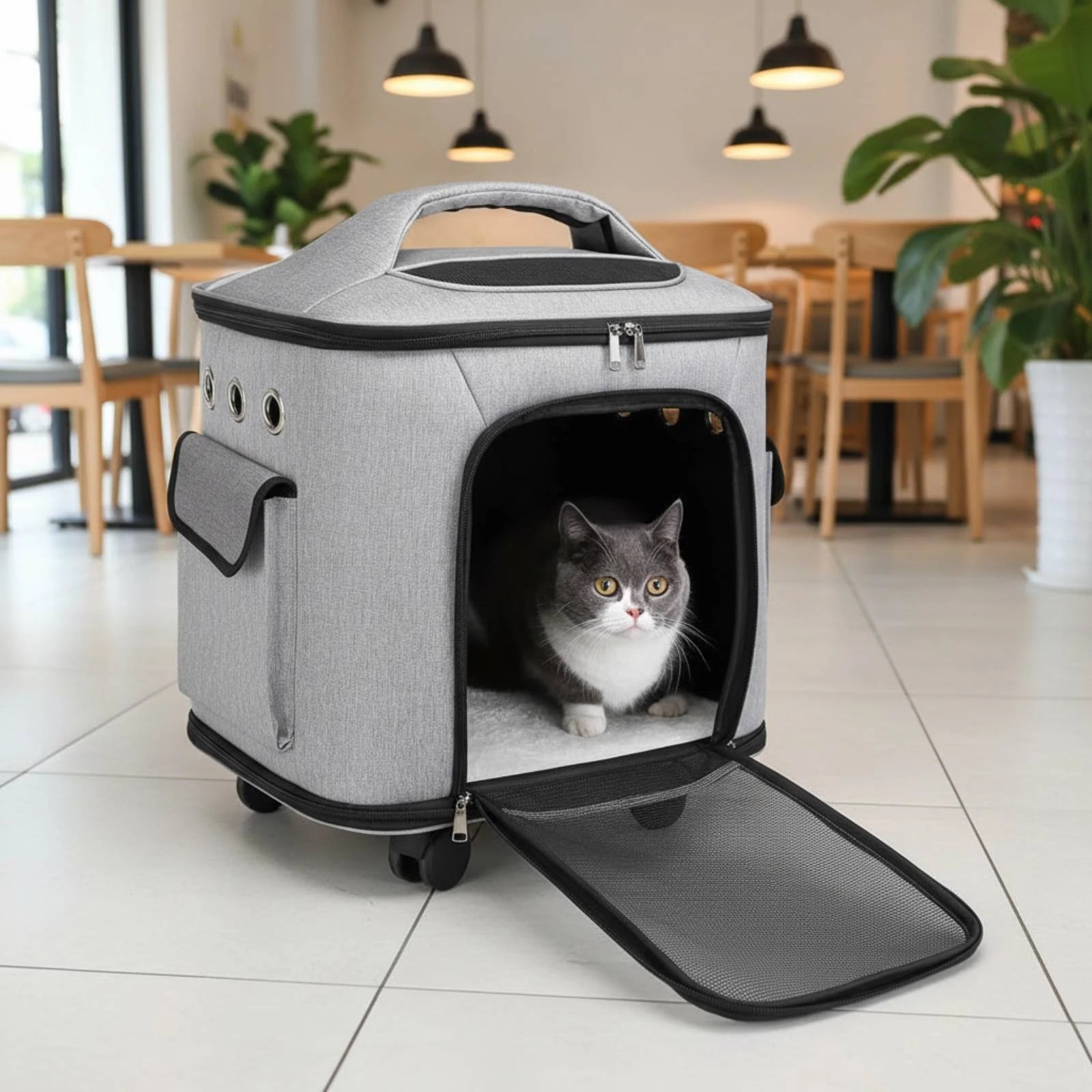 Large Capacity Breathable Mesh Rolling Feline Carrier Suitcase — Multi-Carry Option Travel Bag for Cats