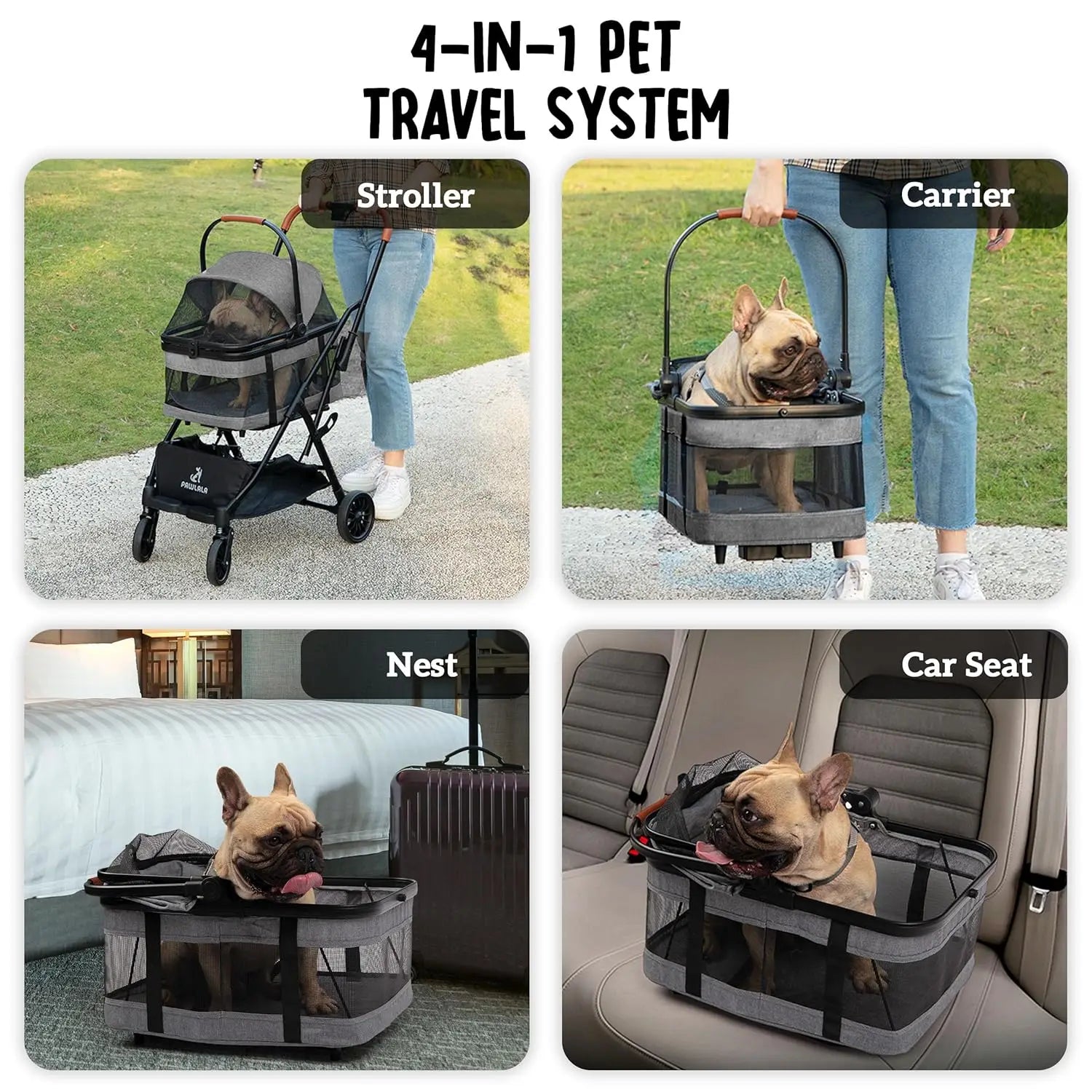 3-in-1 Compact-Fold All-Terrain Pet Stroller for Small Dogs & Cats in Gray