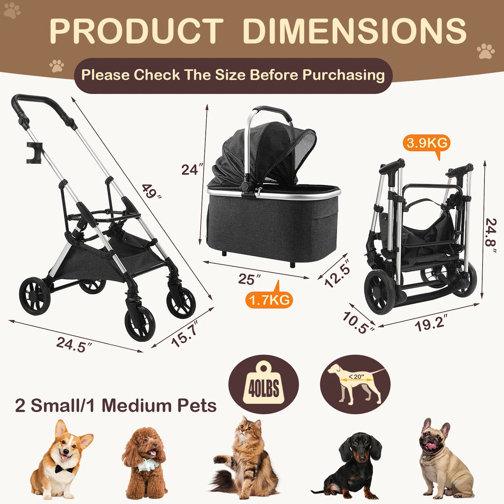 4-Wheel Pet Stroller with Detachable Carrier (Foldable, 50 lbs)