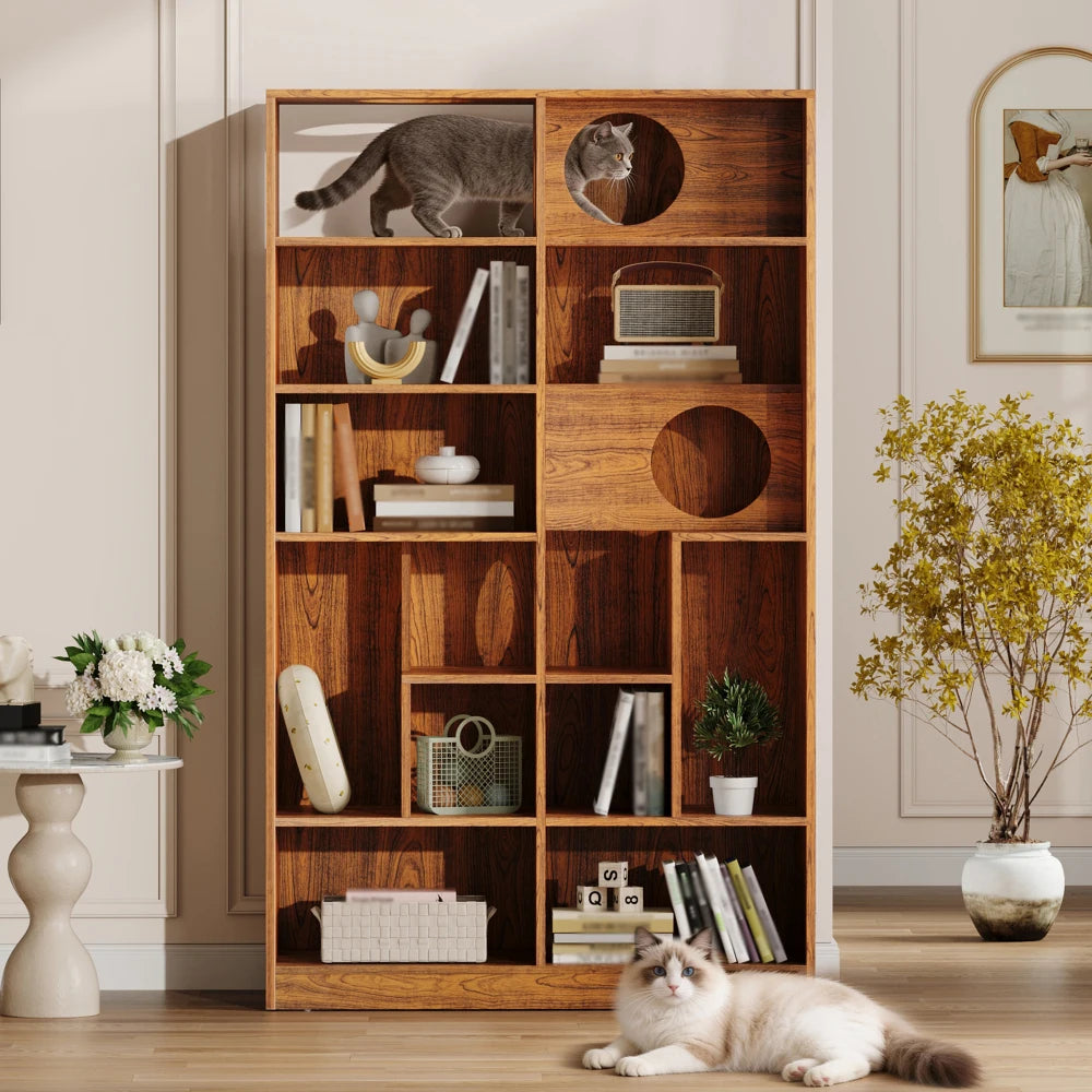 2-in-1 Wood Cat House Bookshelf with Litter Box Enclosure