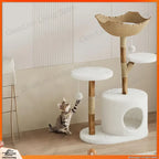 Modern Wood Cat Tree with Wicker Condo & Scratching Post