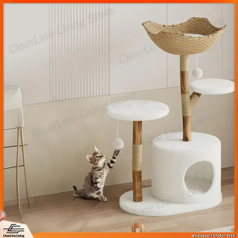 Modern Wood Cat Tree with Wicker Condo & Scratching Post