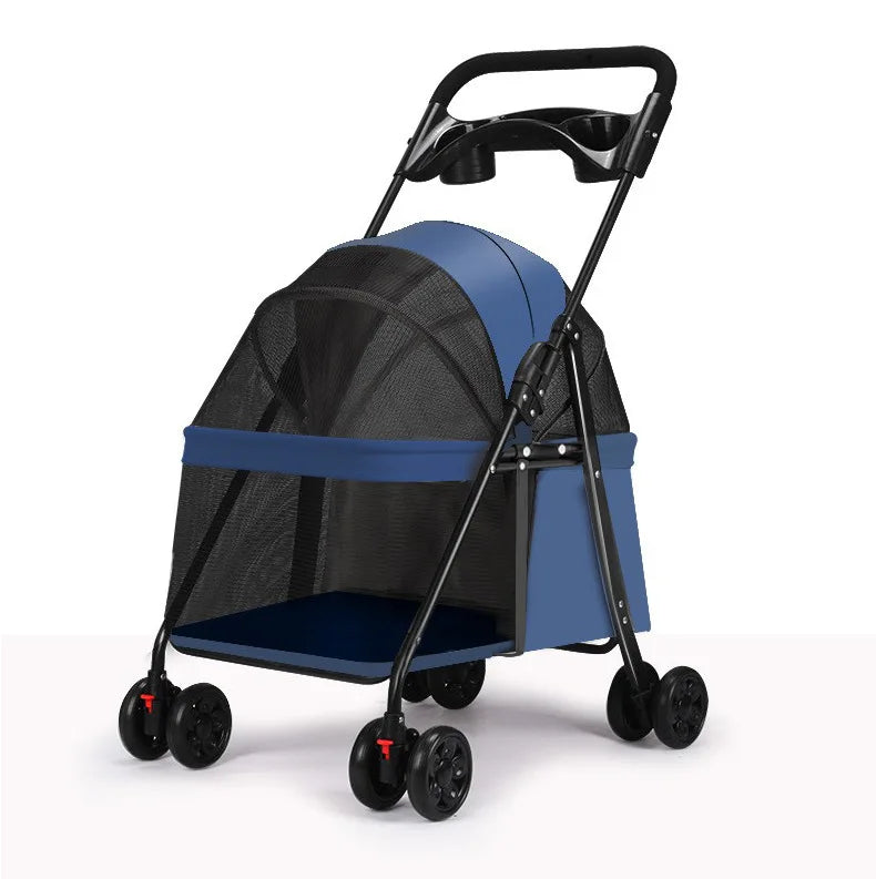 4-Wheel Foldable Pet Stroller Trolley with Cage & Cup Holder for Dogs & Cats — Outdoor Carrier