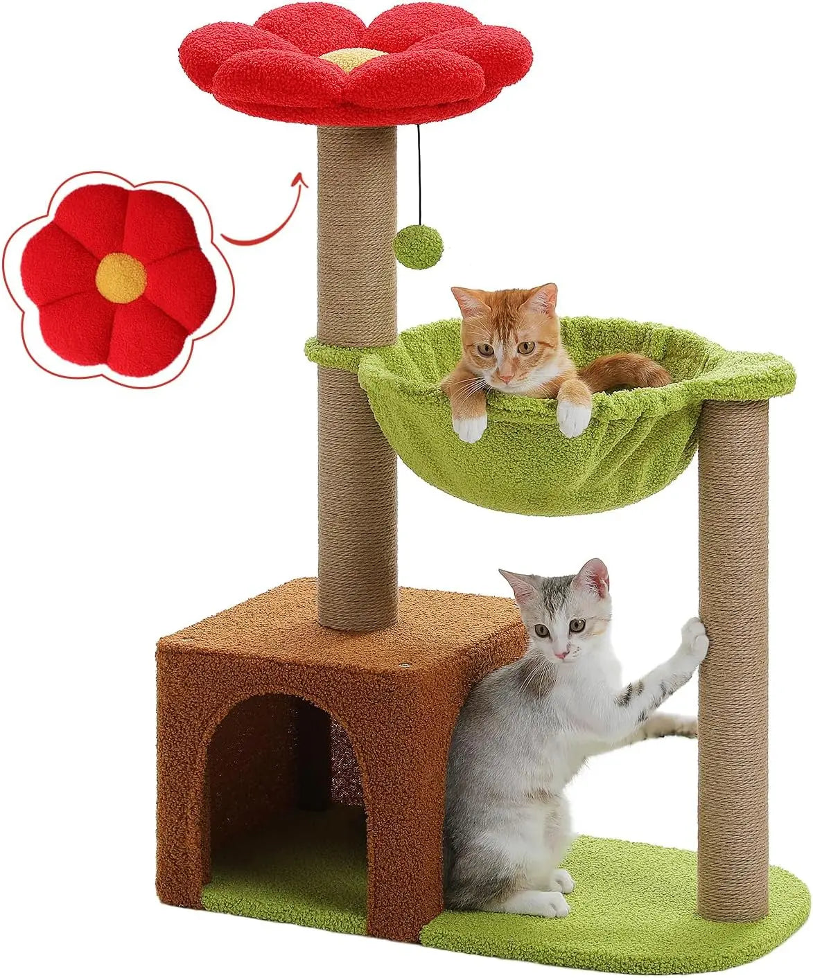 35in Cat Tree with Sisal Posts, Hammock & Flower Bed, Brown