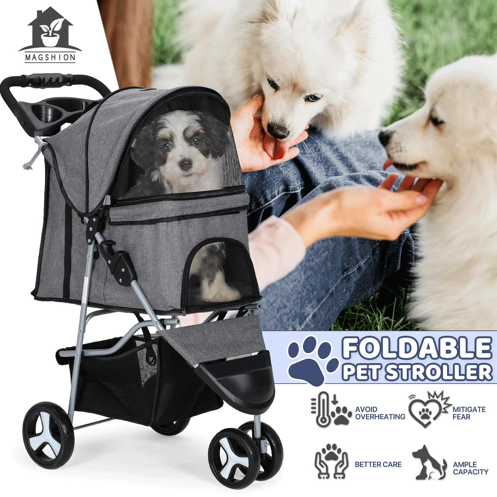 Magshion Foldable 3-Wheel Pet Jogger Stroller with Storage Basket & Cup Holder