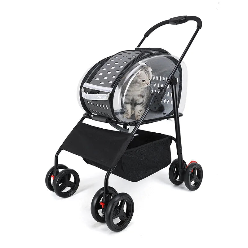 4-Wheel Foldable Jogger Pet Stroller with Detachable Basket for Small & Medium Dogs & Cats — Lightweight