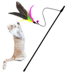 Feather Wand Cat Teaser Rod with Bell & Replacement Feathers — Interactive Kitten Toy Set