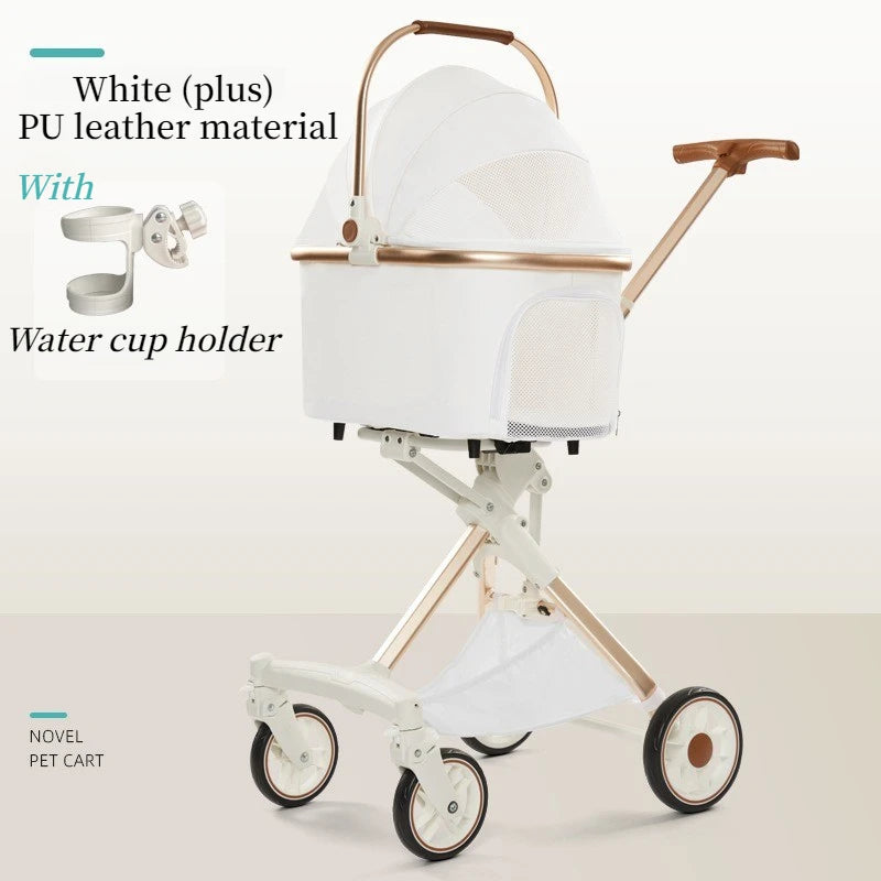 Foldable Waterproof PU High-Landscape Pet Stroller in Milk White — Up to 33 lbs for Dogs
