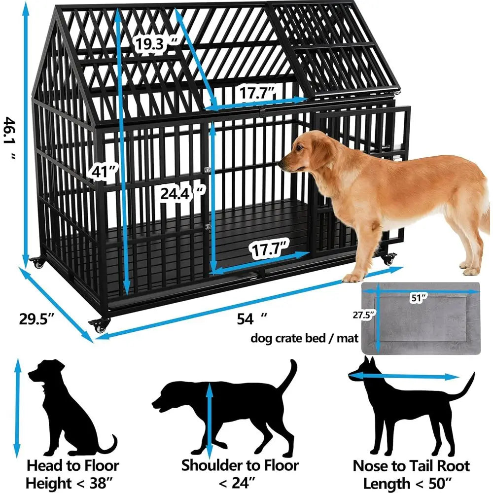 XL Dog Crate with Rooftop & Lockable Wheels (54in)