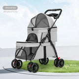 Folding Double Pet Stroller 4 Wheels Breathable Mesh Travel Carrier Wagon for 2 Small Dogs Cats Outdoor Walking