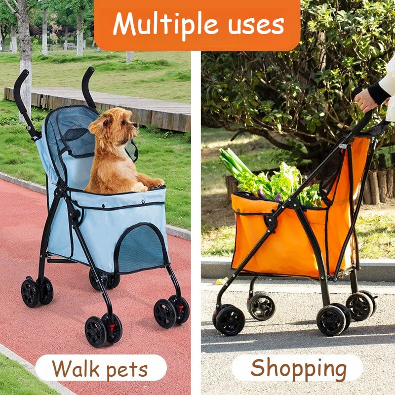 Heavy-Duty Oxford Fabric Foldable Pet Stroller with Storage Basket — Lightweight Dog Shopping Cart