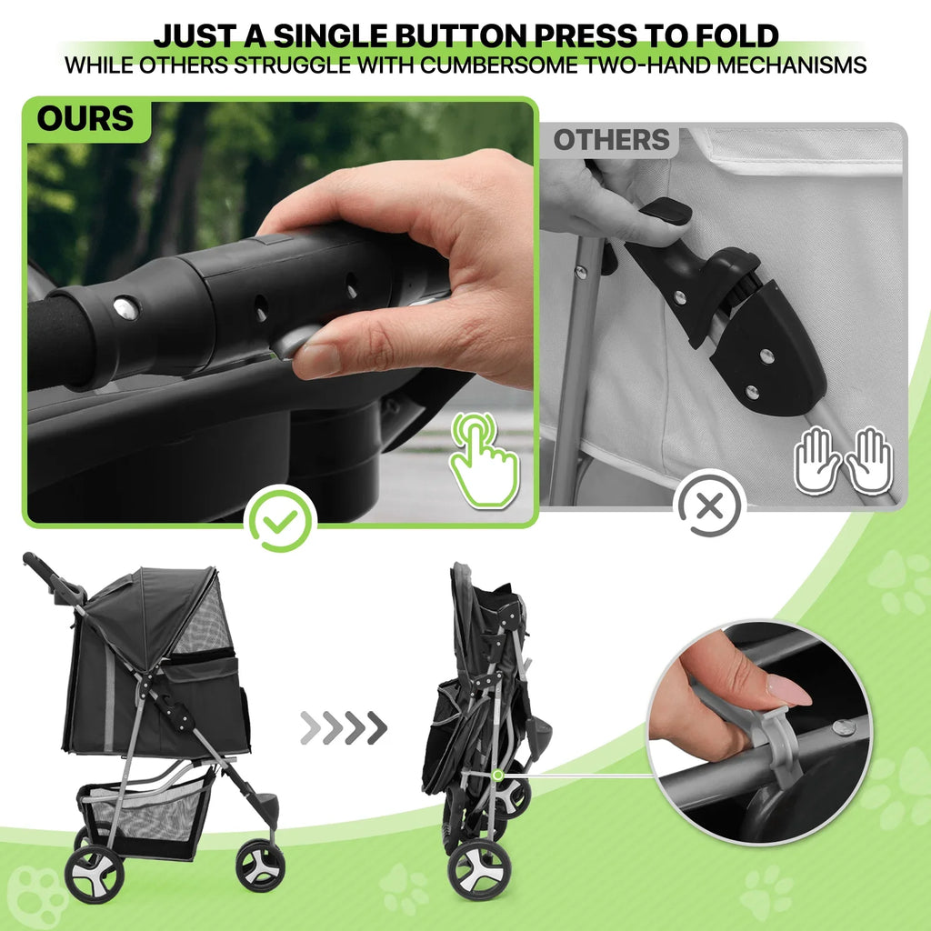 Magshion Foldable 3-Wheel Pet Jogger Stroller with Storage Basket & Cup Holder