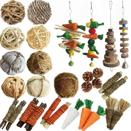 Natural Chew Toy Set — Apple Branch & Grass Tooth Grinders for Rabbits