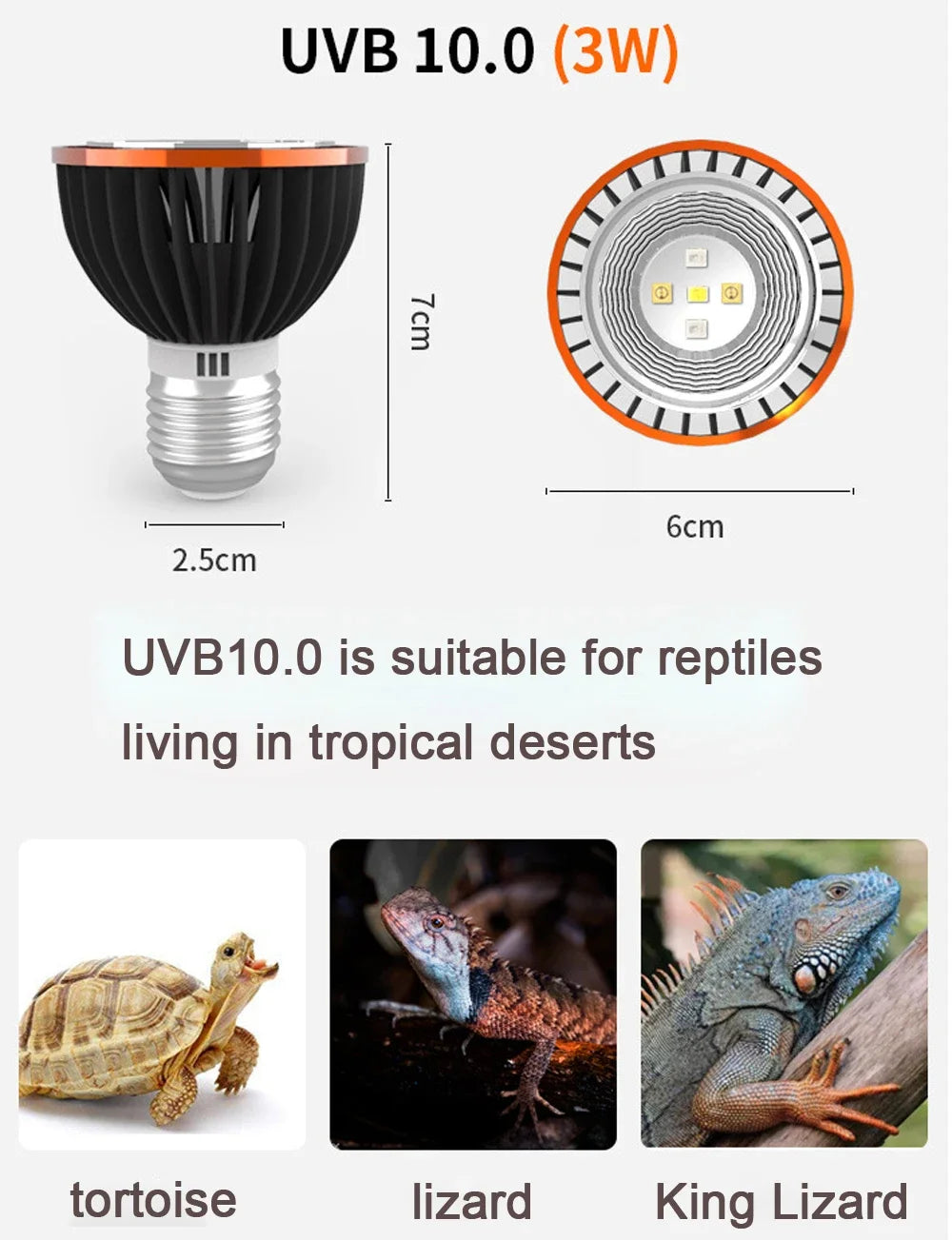 3W UVA/UVB LED Reptile Basking Bulb — Dual-Cooling E27 Sunlight Lamp