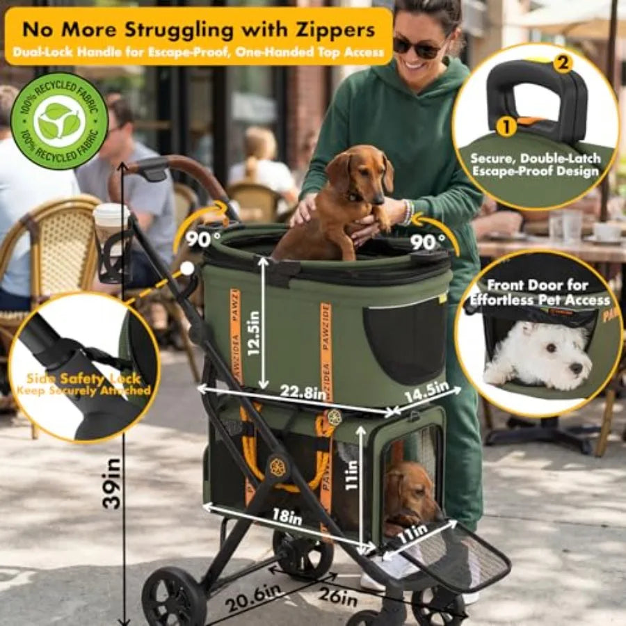PAWZIDEA TSA-Approved Double Pet Stroller with 2 Detachable Carriers & Car Seat Combo