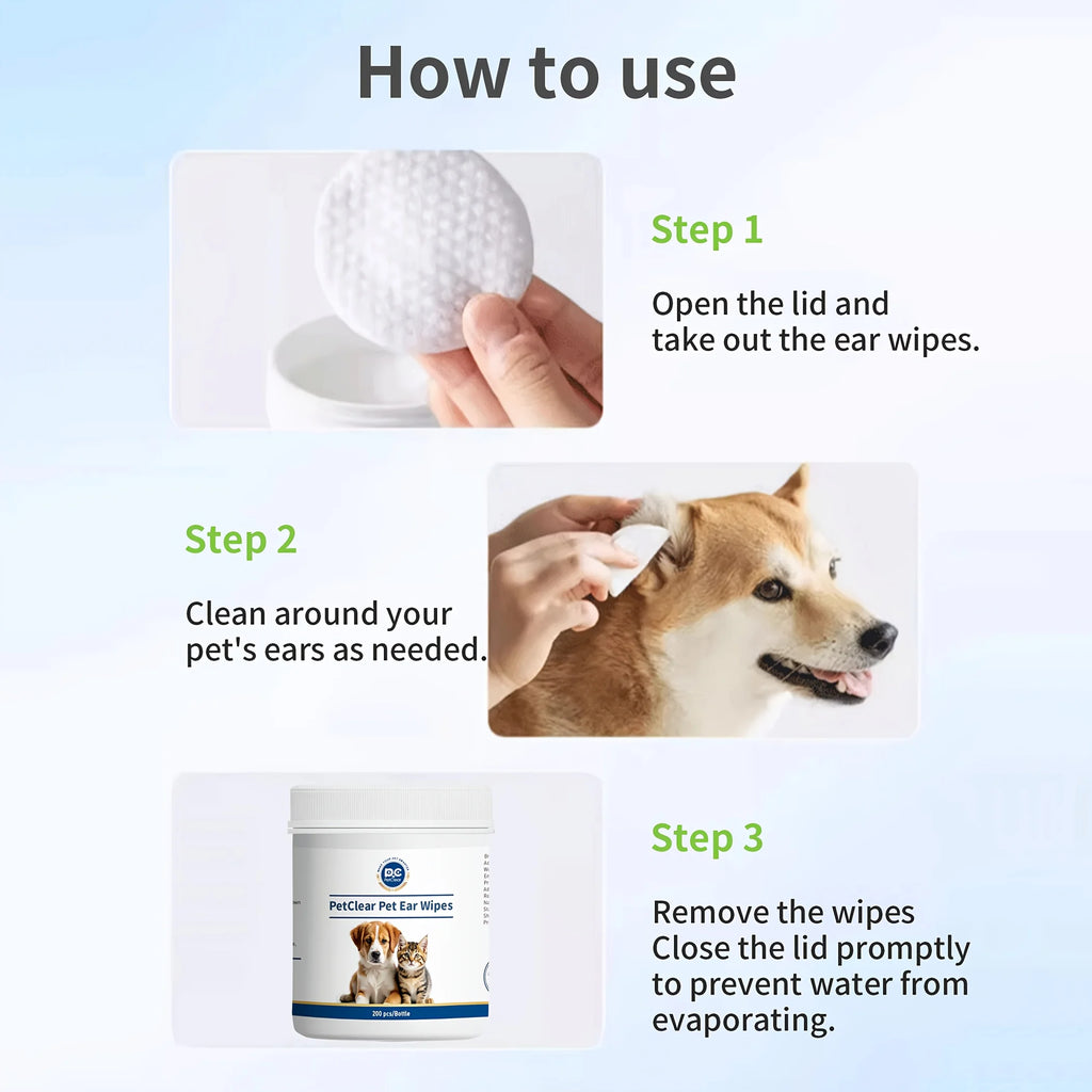 PetClaer Natural Ear Wipes — Double-Sided, Gentle Cleaning, 200-Count