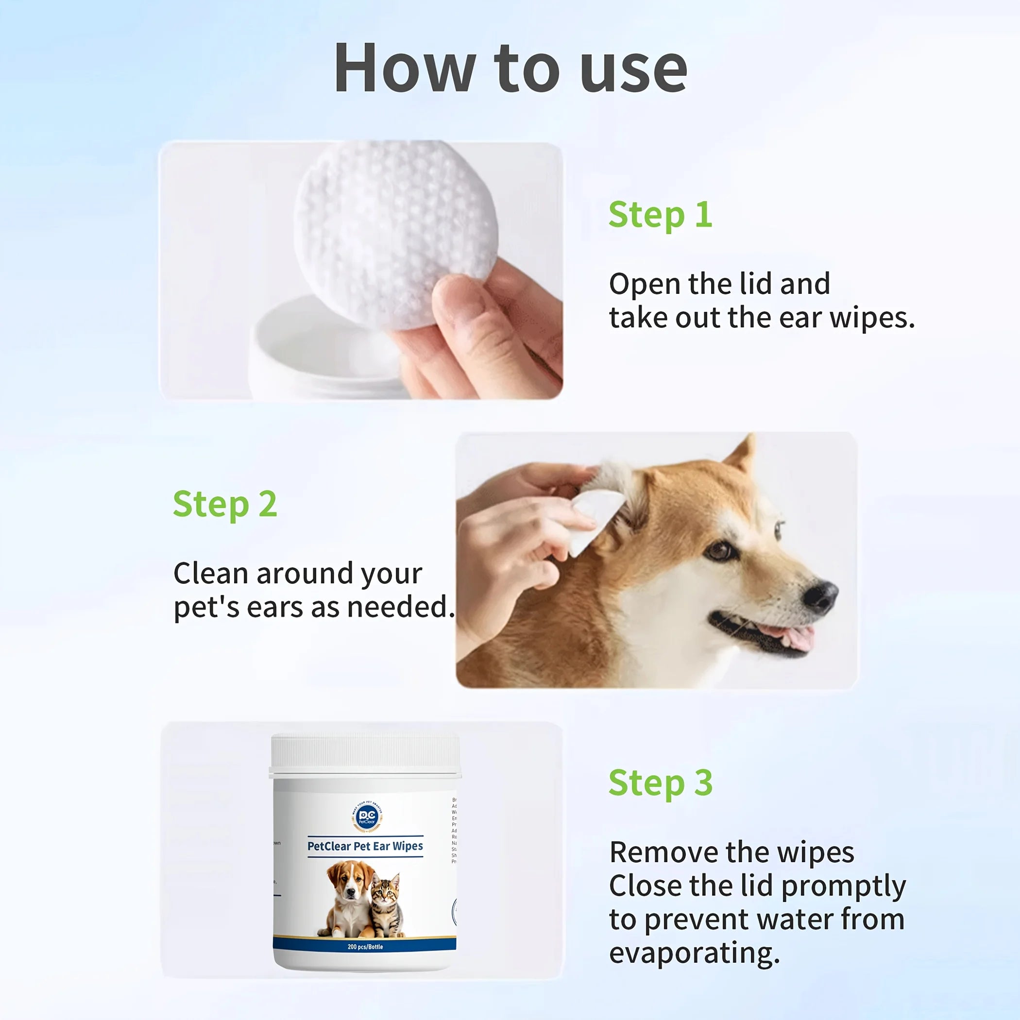 PetClaer Natural Ear Wipes — Double-Sided, Gentle Cleaning, 200-Count