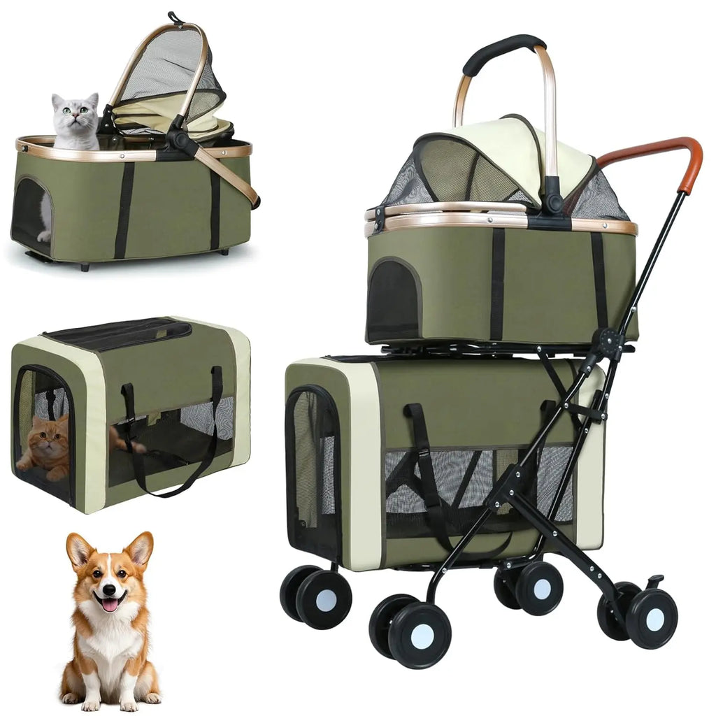 Double Pet Stroller for Dogs & Cats — Foldable with 2 Detachable Carriers, Safety Belts & 4 Lockable Wheels