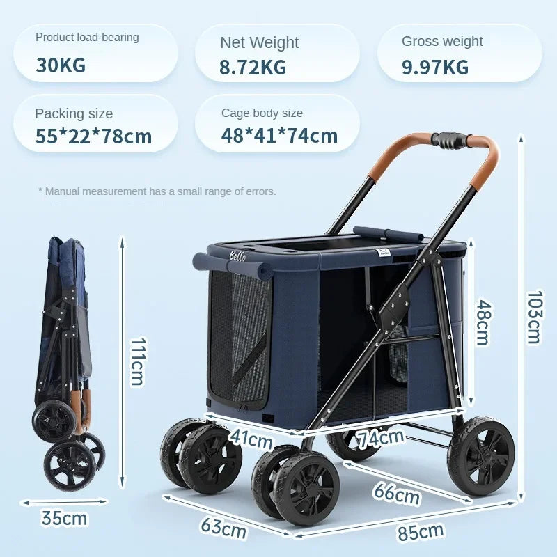 Multifunctional Large-Space Pet Stroller Trolley Case with Wheels for Multiple Pets — Up to 66 lbs