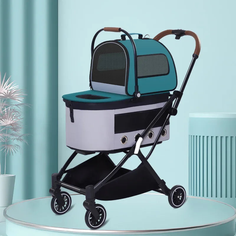 Folding Double-Layer Detachable Pet Stroller Cart for Small & Medium Dogs