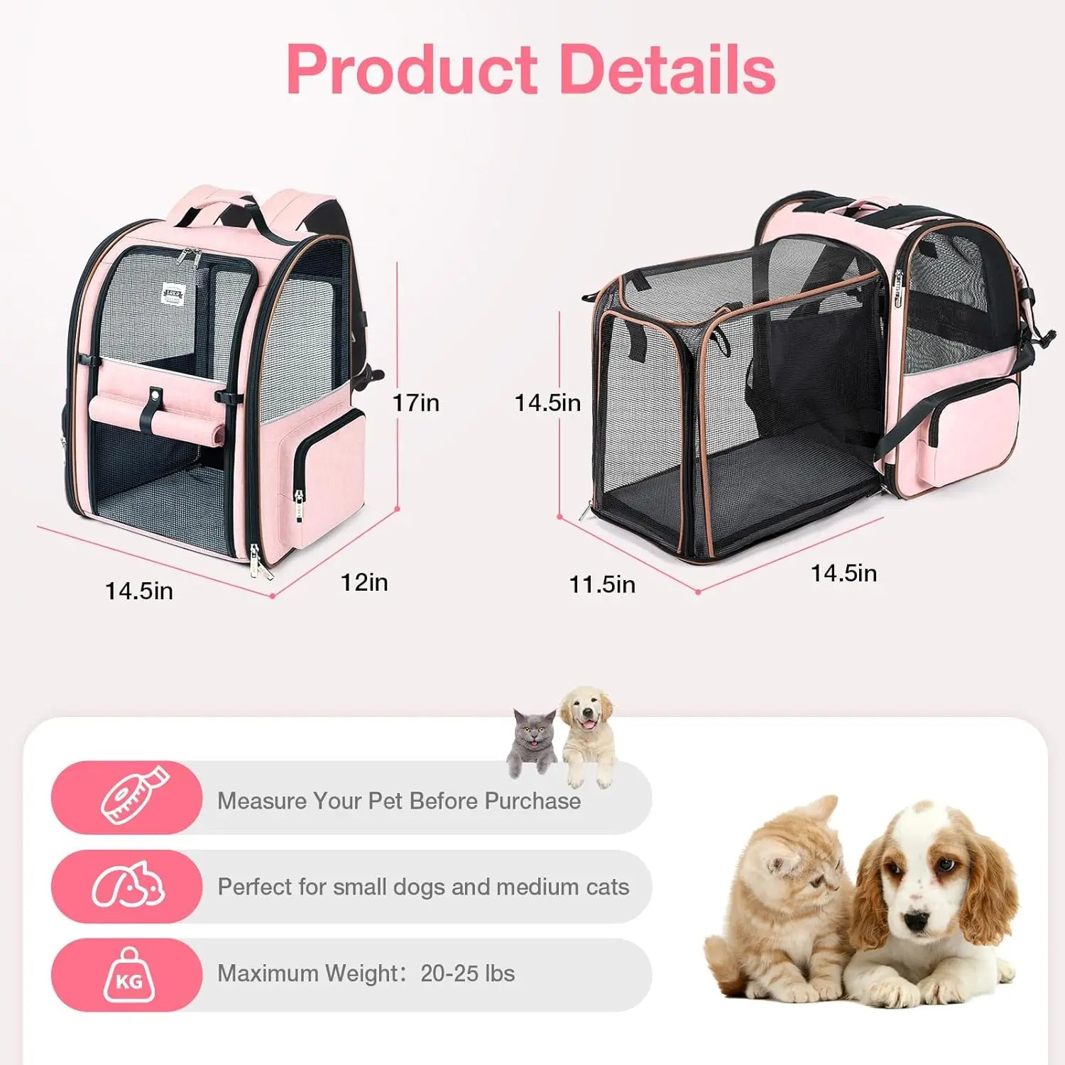 Large Expandable Foldable Pet Carrier Backpack for Dogs, Puppies & Medium Cats up to 18 lbs