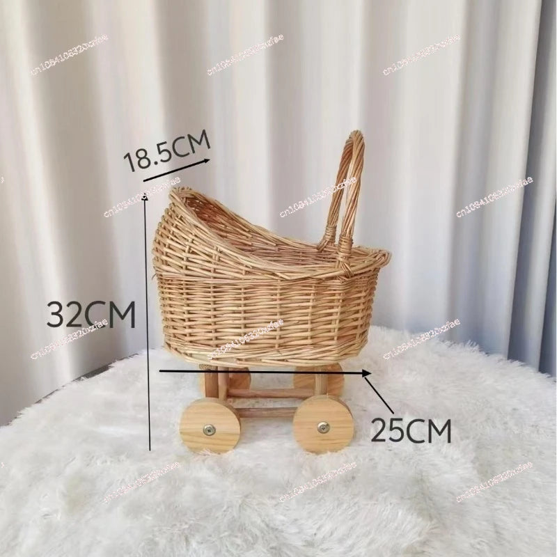 Handwoven Wicker Pet & Infant Bassinet Stroller with Storage Basket