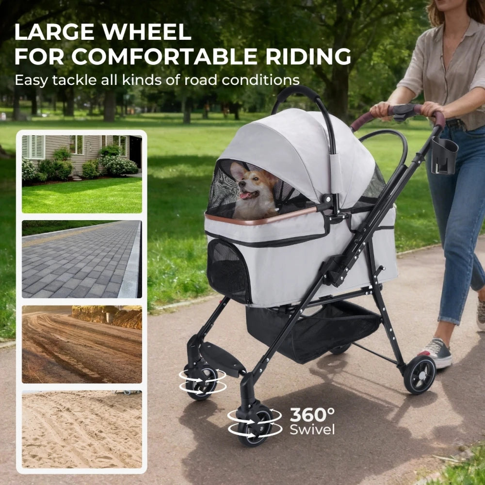 4-Wheel Pet Stroller with 360-Degree Rotating Wheels & Separable Carrier for Dogs & Cats