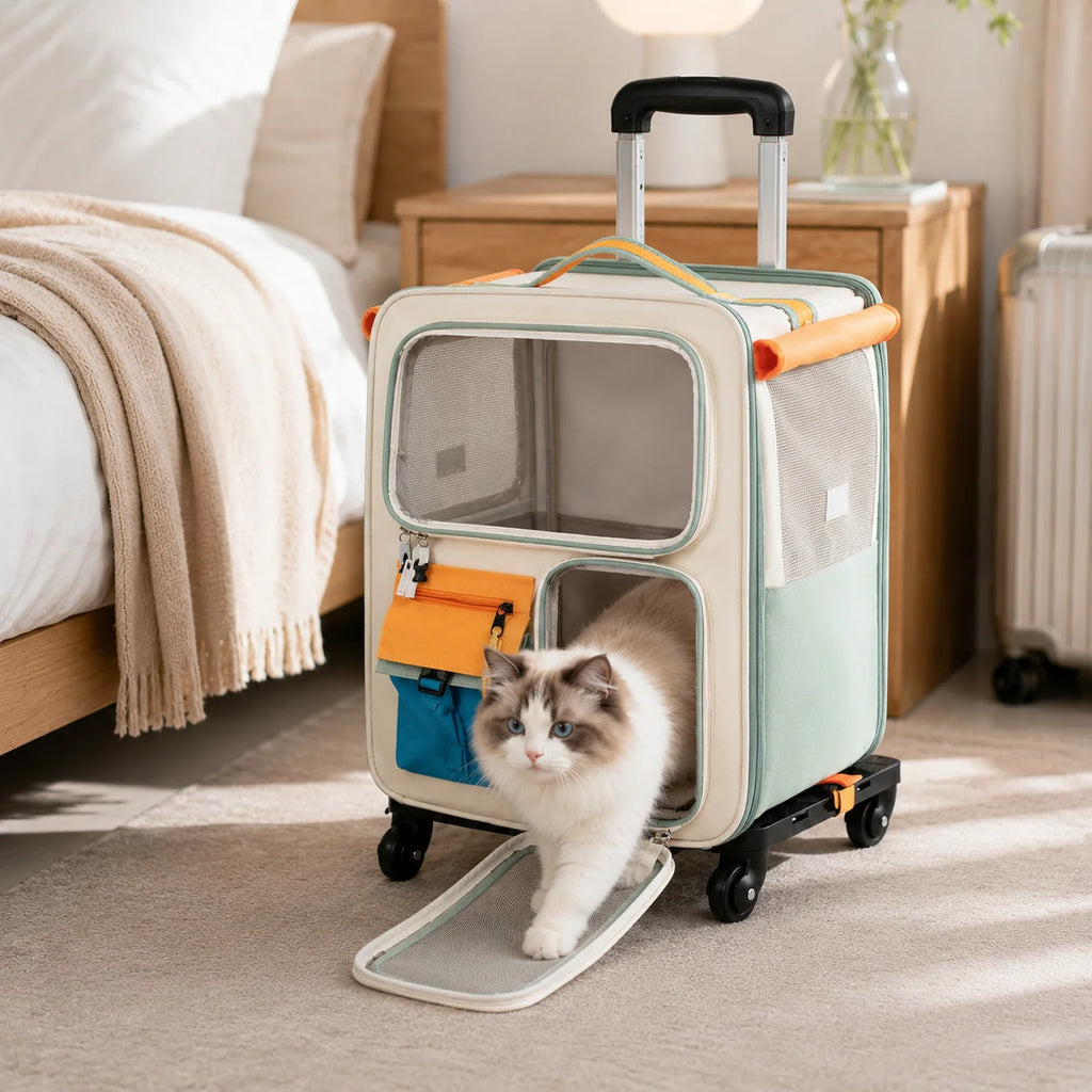 2-in-1 Rolling Cat Carrier with Wheels & Telescopic Handle — Clear Window Breathable Pet Travel Bag