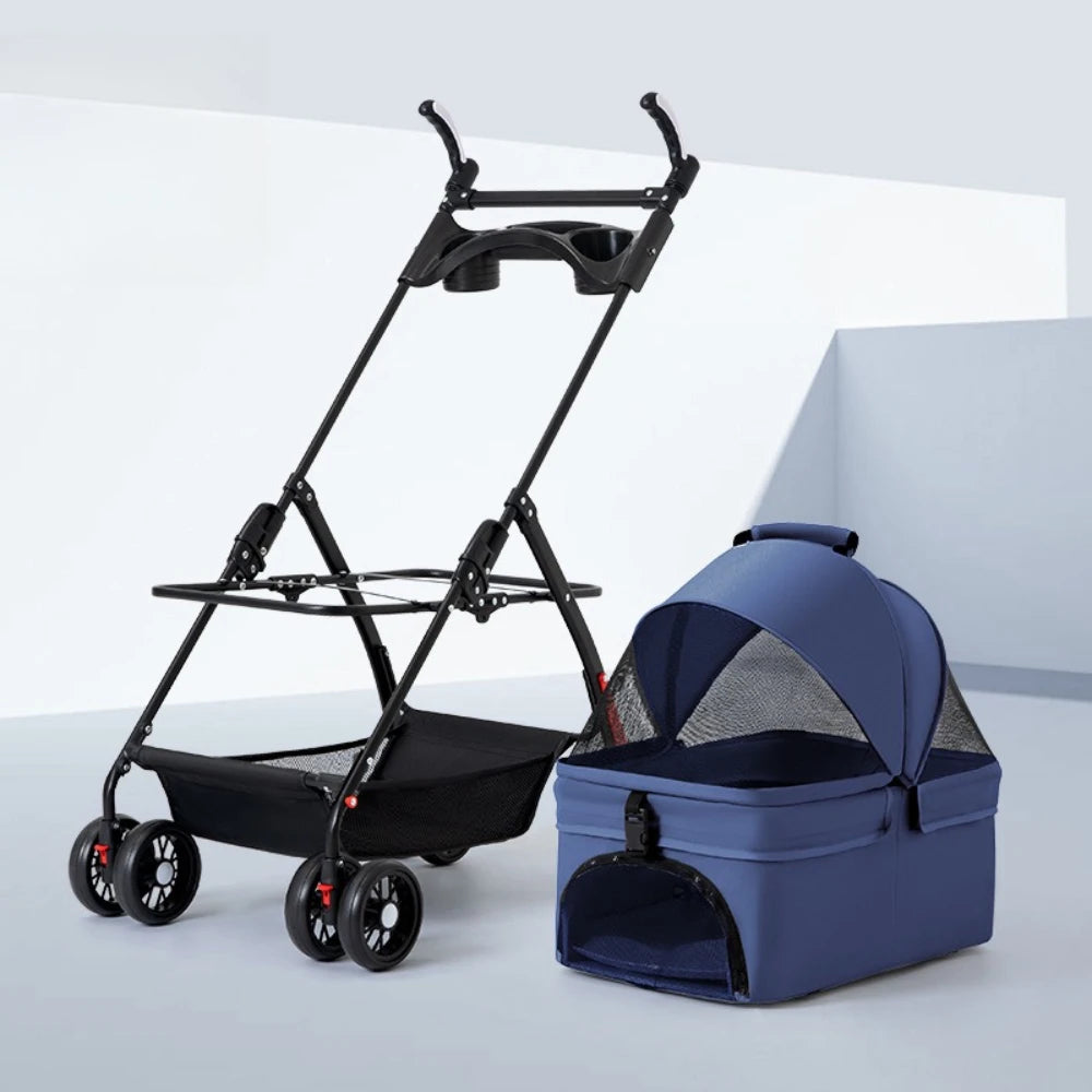 4-Wheel Foldable Dog & Cat Stroller with Cup Holder & Detachable Carrier