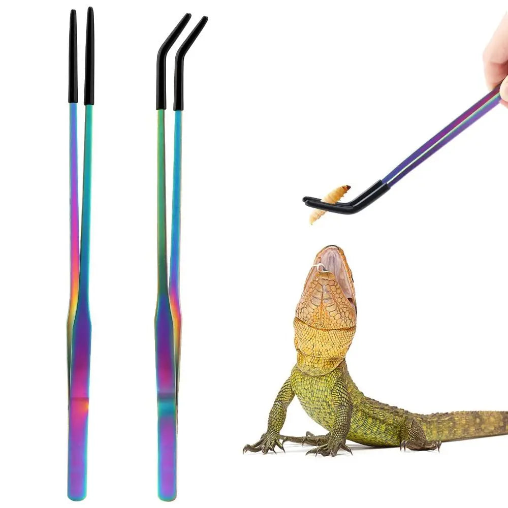 Stainless Steel Reptile Feeding Tongs — Straight & Curved Set with Rubber Tips