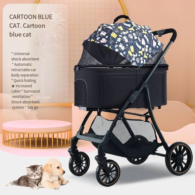 2026 Lightweight Foldable Pet Stroller with Detachable Small Cart for Dogs & Cats