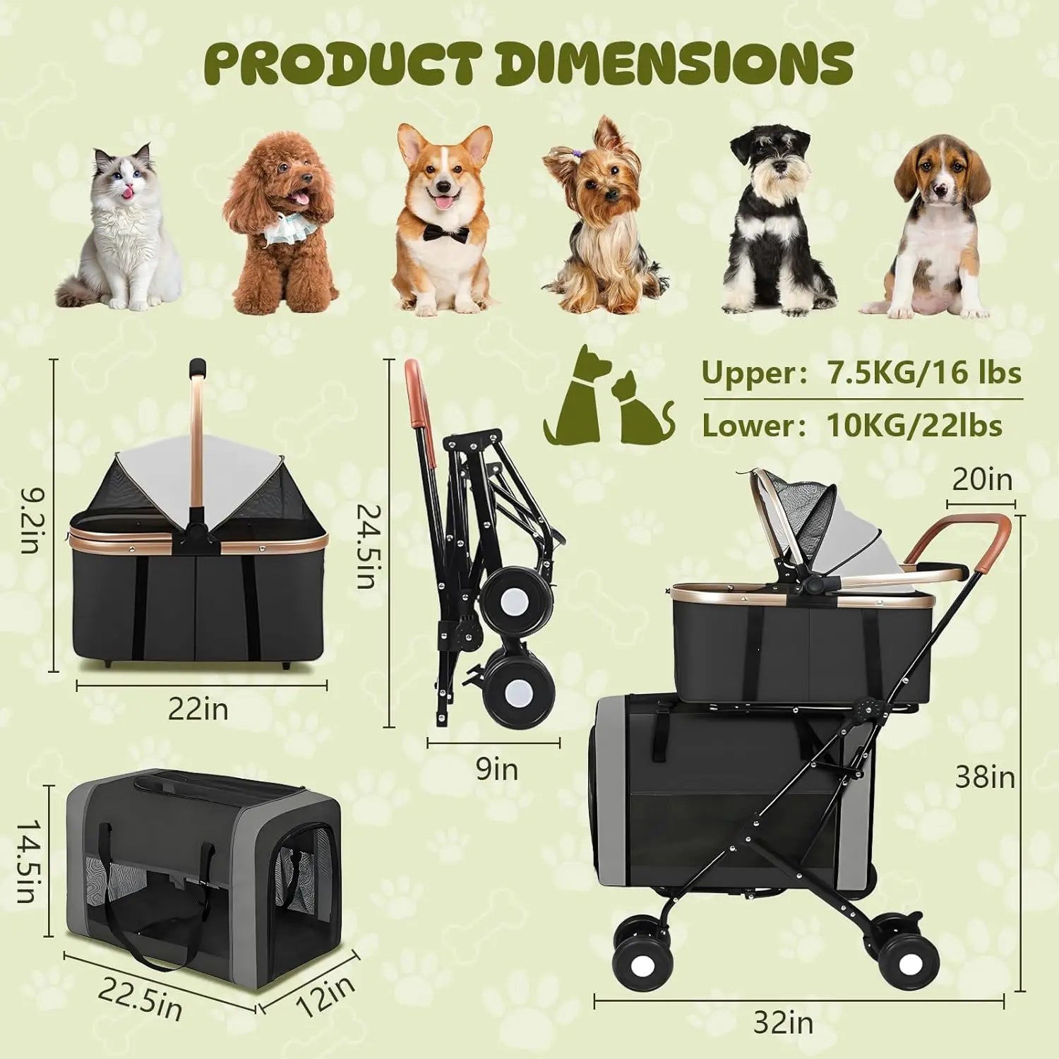 Double Pet Stroller for 2 Dogs & Cats — Foldable Travel Carriage with Detachable Carriers, Safety Belts & 4 Lockable Wheels