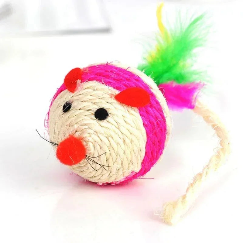 Sisal Feather Mouse Cat Toy Ball with Bell — Interactive Scratching & Chase Toy for Cats