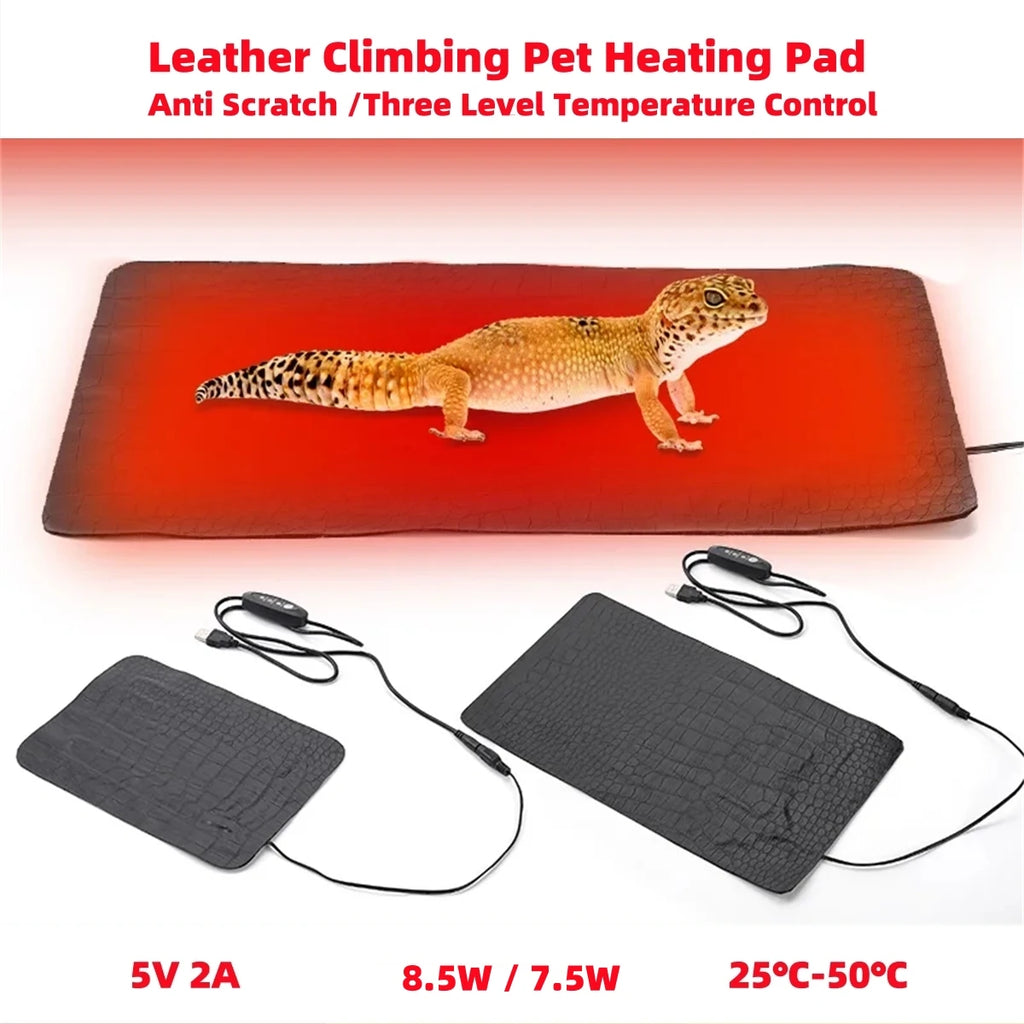 USB Leather Heating Pad — 3-Level Anti-Scratch Warmer for Reptiles & Small Pets