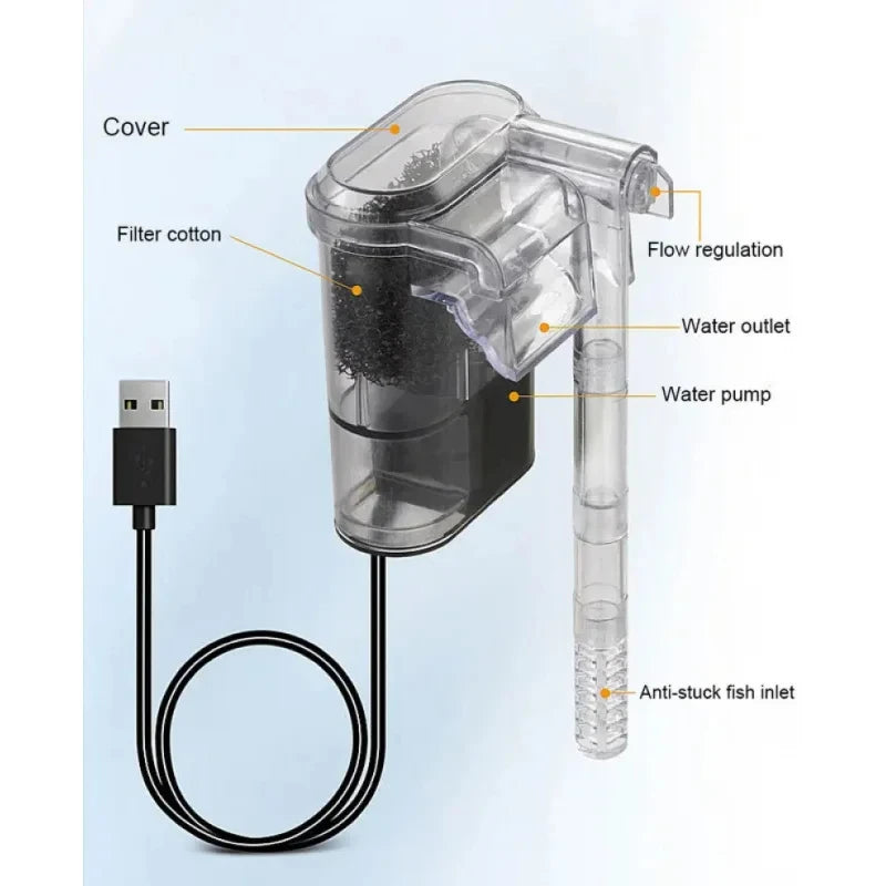 USB Mini Suspended Aquarium Filter (2.5W, 250L/H, Under 30cm Tanks)
