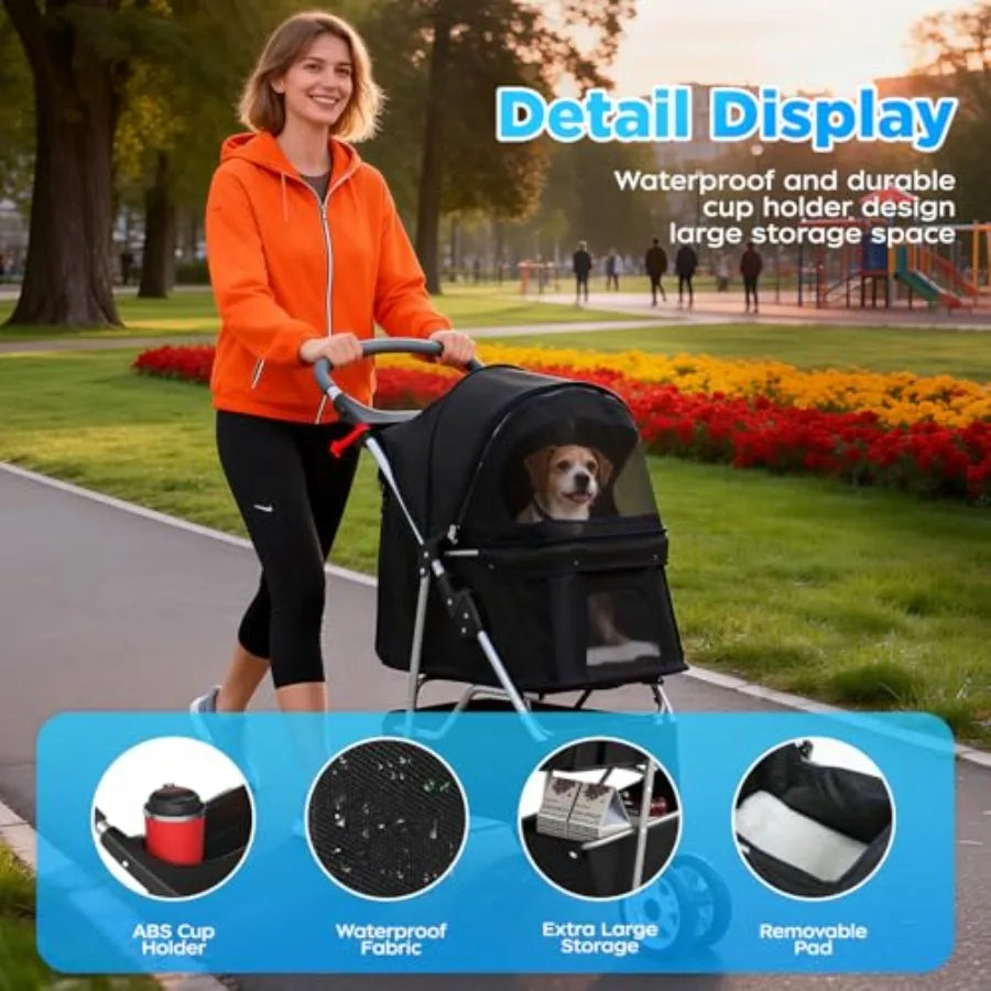 3-Wheel Foldable Pet Stroller with Cup Holder for Small & Medium Dogs & Cats — Lightweight Travel Carrier