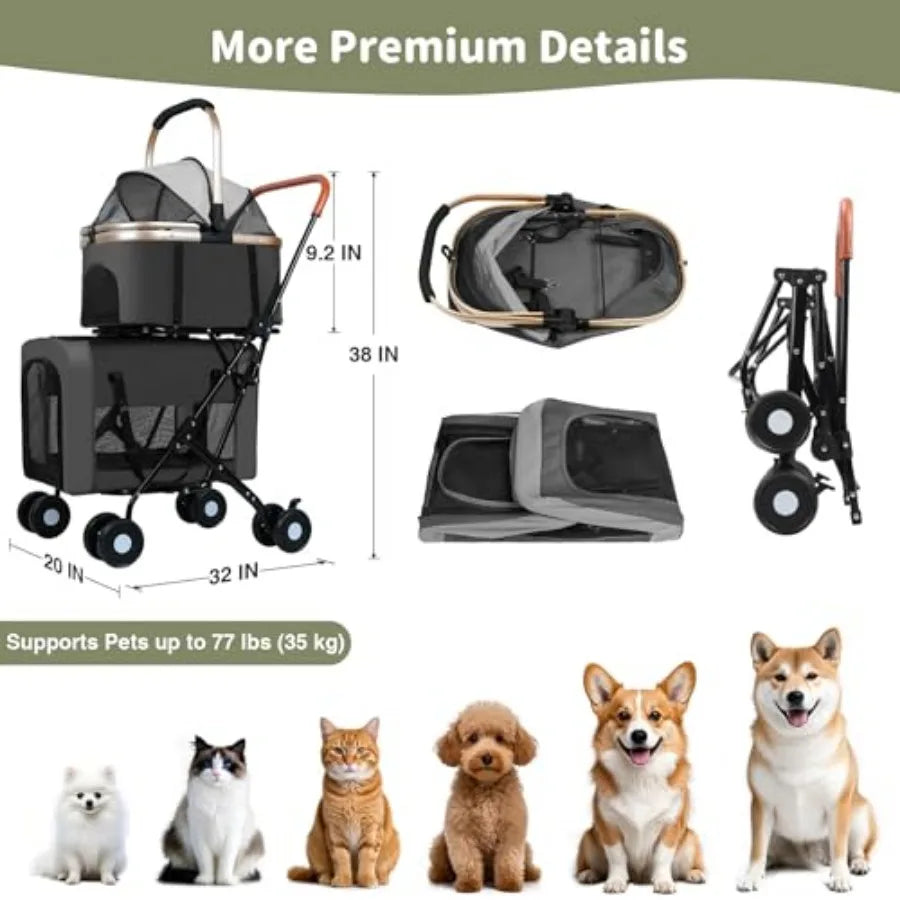 Foldable Double Pet Stroller with Detachable Carriers & 4-Lock System