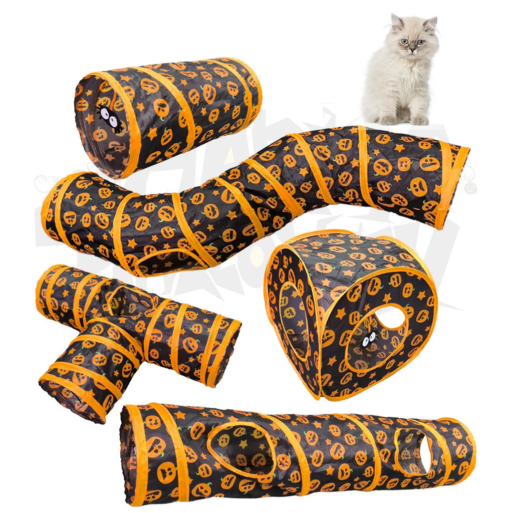 Halloween Pumpkin Cat Play Tunnel — Foldable Crinkle Pet Tunnel with Toy Attachment