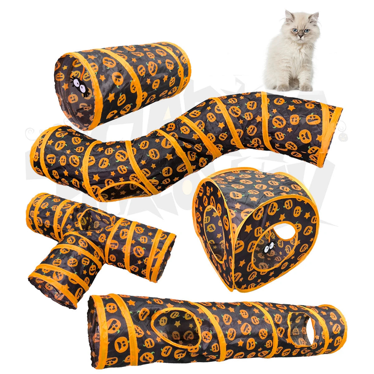 Halloween Pumpkin Cat Play Tunnel — Foldable Crinkle Pet Tunnel with Toy Attachment